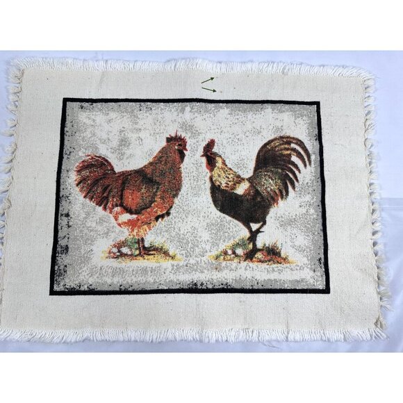 Set Of 6 Rustic Rooster Placemats Fringed Edges Linen Look Cottage‎ Farmhouse - Picture 3 of 13